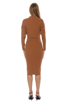 Back view camel midi dress, slim fit long dolman sleeves, mock neck.