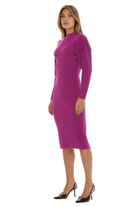 Side view magenta midi dress, slim fit long dolman sleeves with gold buttons at armhole, mock neck.