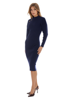 Side view navy midi dress, slim fit long dolman sleeves with gold buttons at armhole, mock neck.