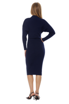 Back view navy midi dress, slim fit long dolman sleeves, mock neck.