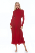 Front view burgundy long sleeve midi dress sheered drop waist detail, mock neck.