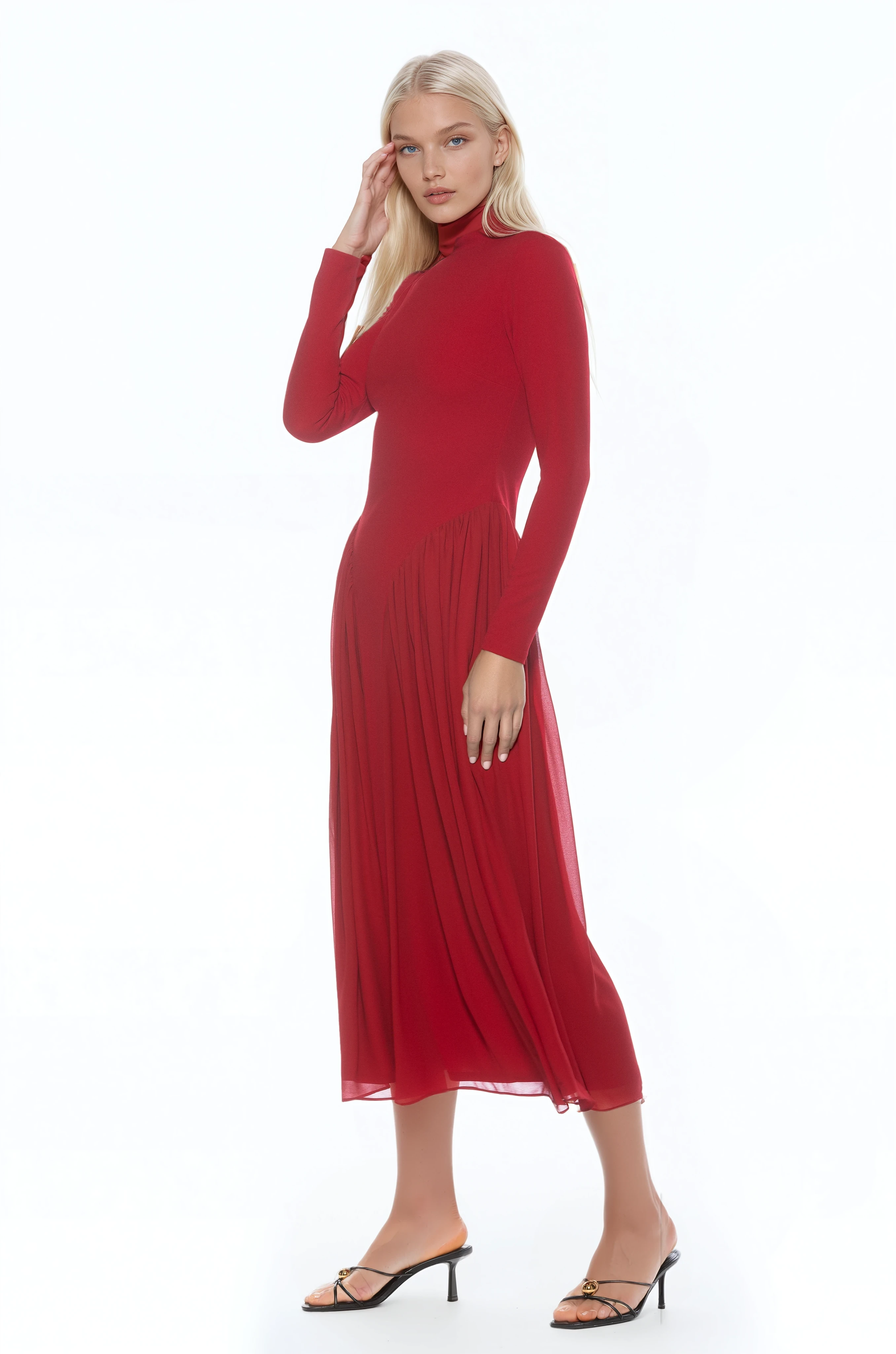 Side view burgundy long sleeve midi dress sheered drop waist detail, mock neck.