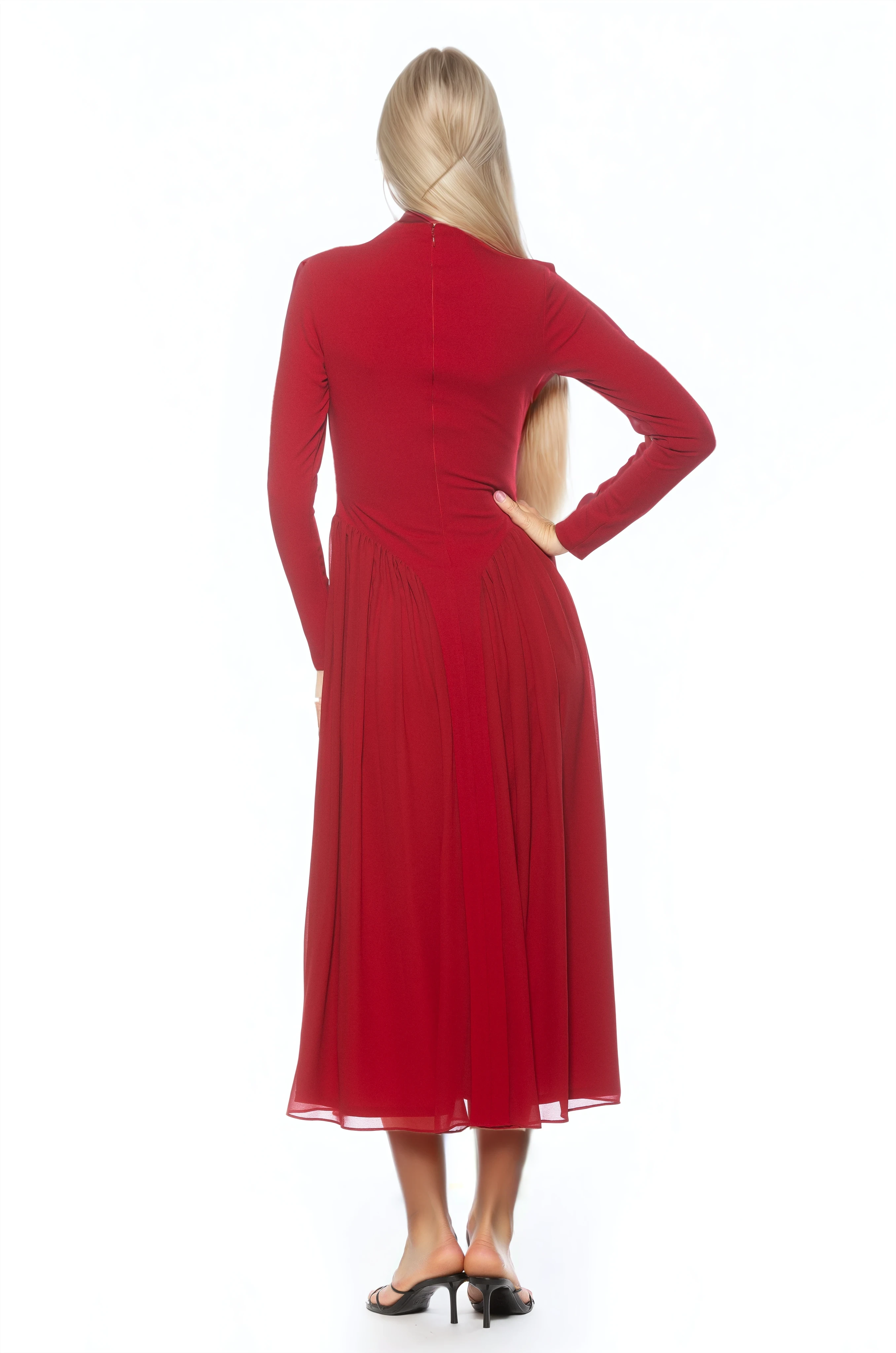 Back view burgundy long sleeve midi dress sheered drop waist detail, mock neck.