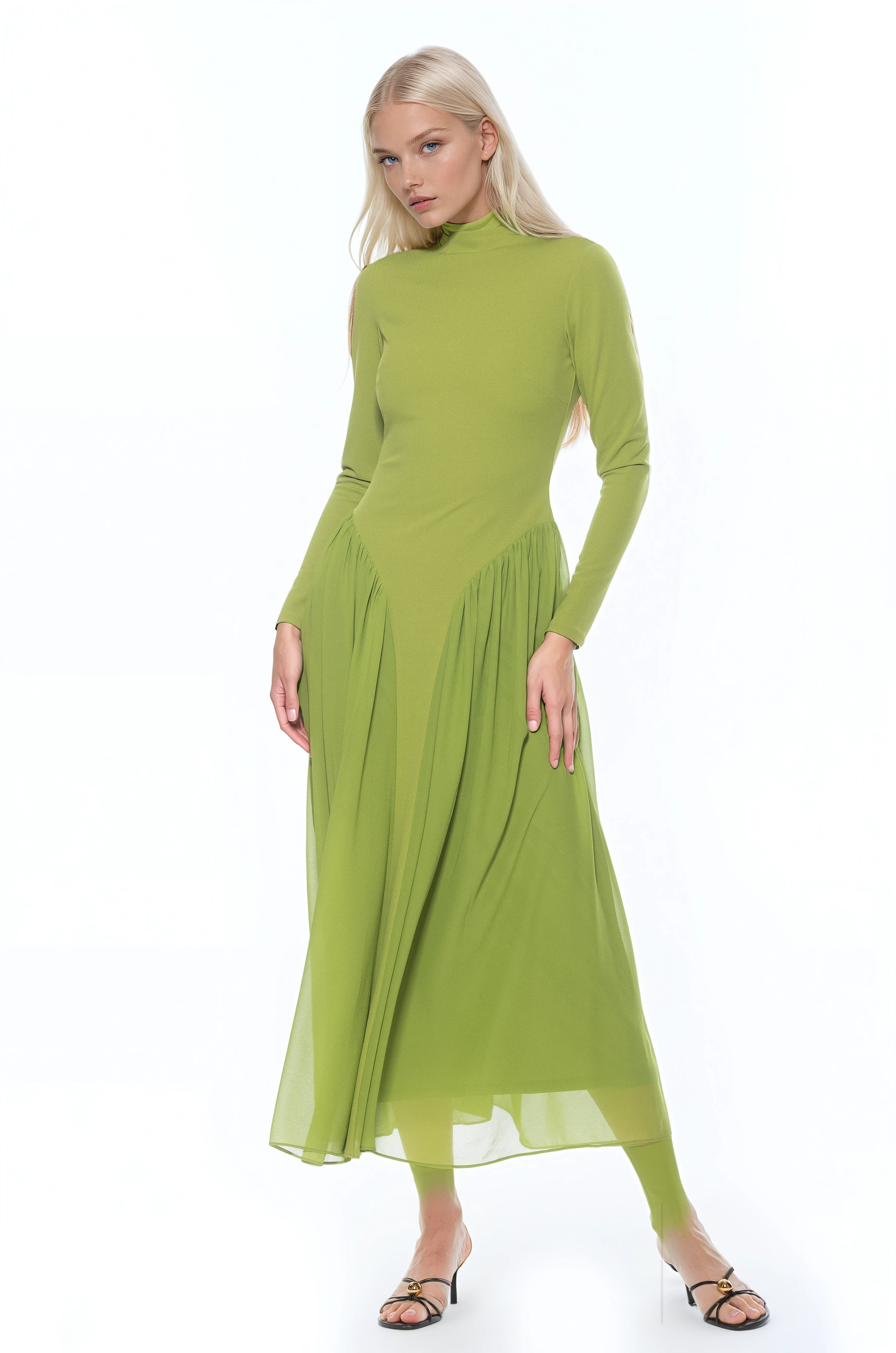 Front view green long sleeve midi dress sheered drop waist detail, mock neck.