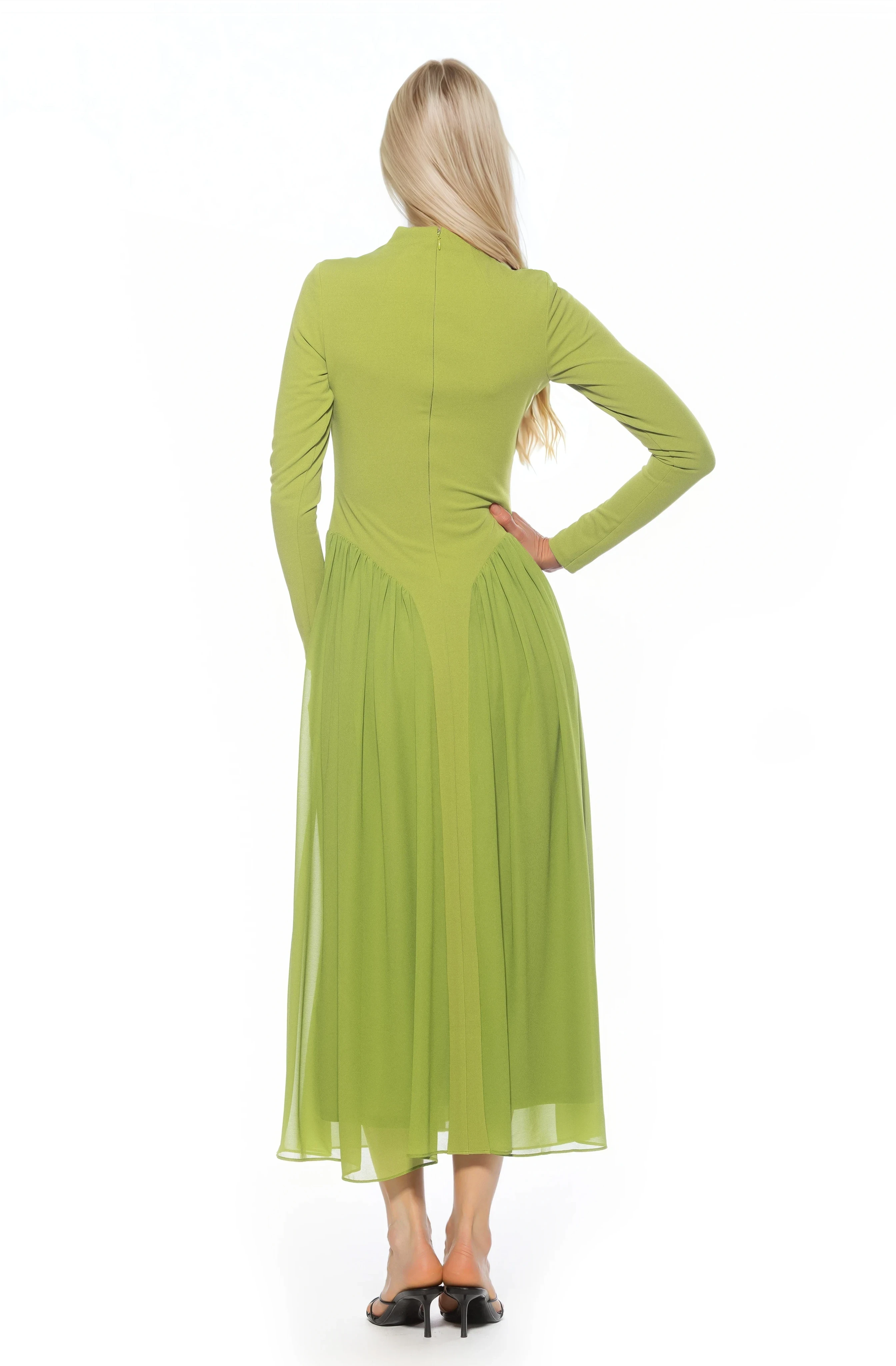 Back view green long sleeve midi dress sheered drop waist detail, mock neck.