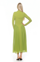 Back view green long sleeve midi dress sheered drop waist detail, mock neck.