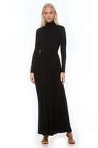 Front view black long sleeve maxi dress, mock neck, pleated skirt.
