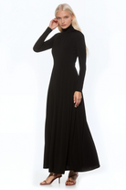 Side view black long sleeve maxi dress, mock neck, pleated skirt.