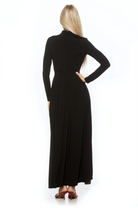 Back view black long sleeve maxi dress, mock neck, pleated skirt.