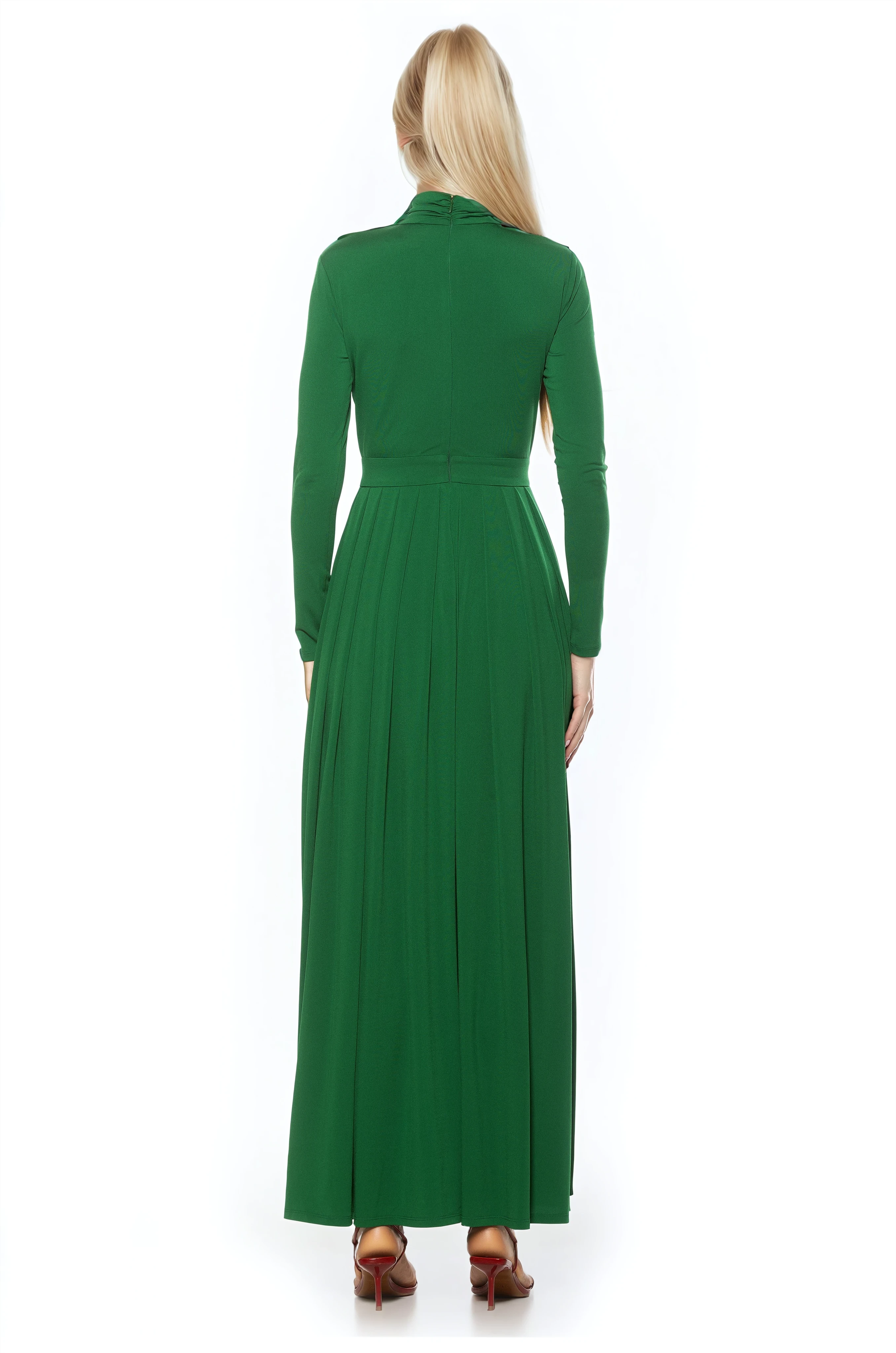 Back view emerald green long sleeve maxi dress, mock neck, pleated skirt.