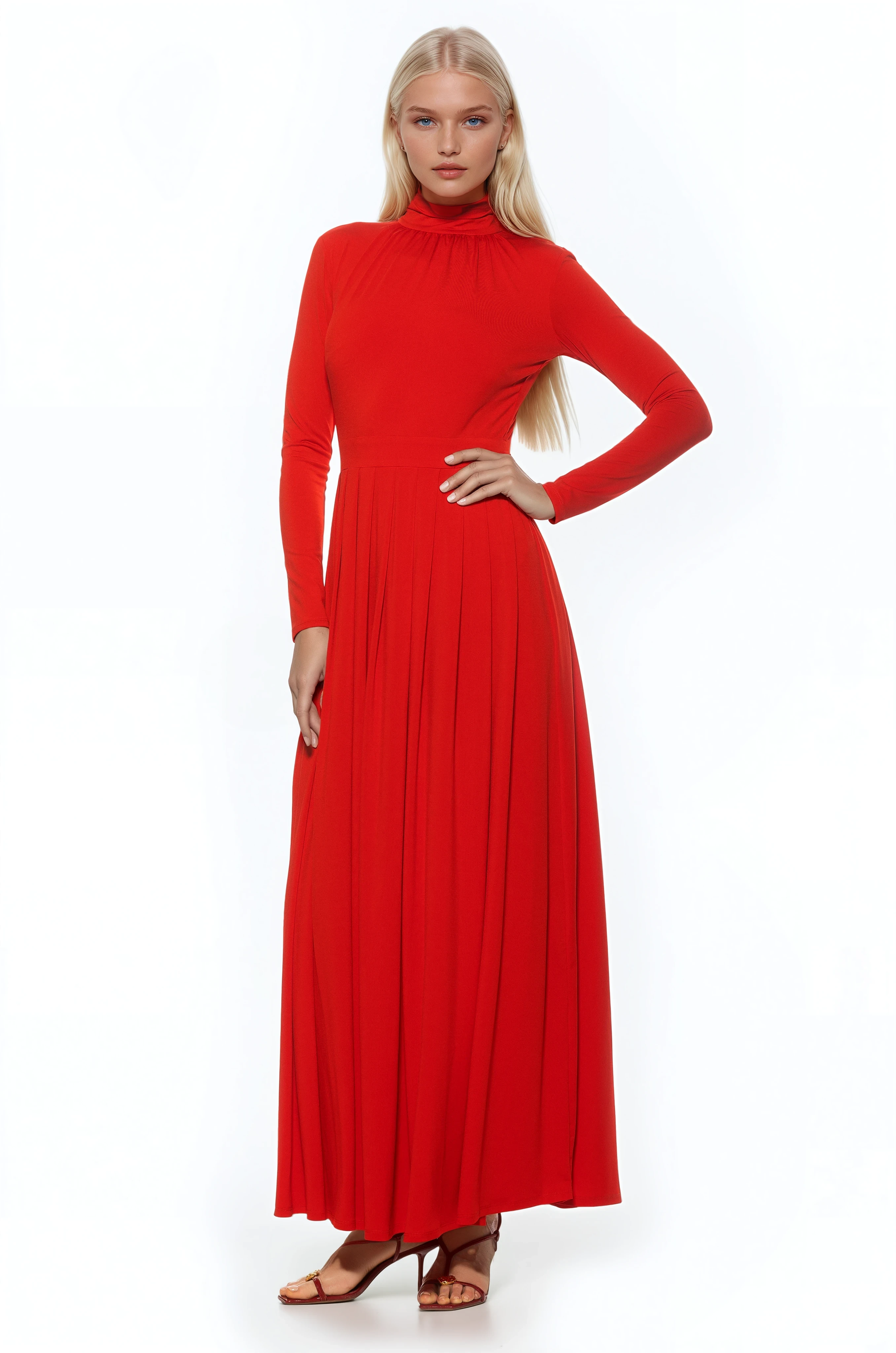 Front view red long sleeve maxi dress, mock neck, pleated skirt.