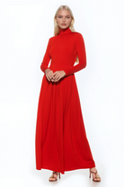 Front view red long sleeve maxi dress, mock neck, pleated skirt.