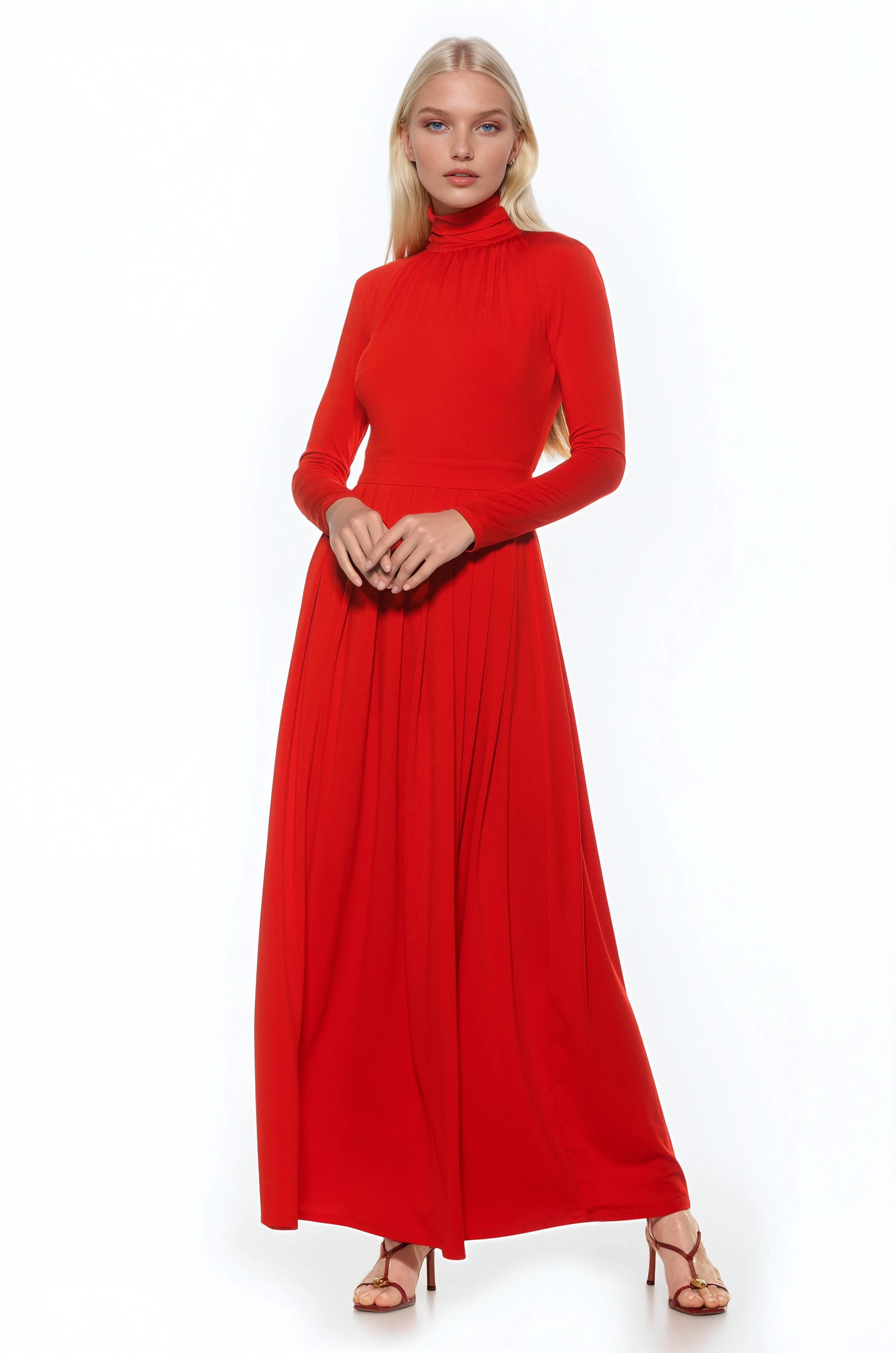 Front view red long sleeve maxi dress, mock neck, pleated skirt.