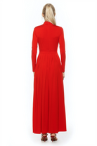 Back view red long sleeve maxi dress, mock neck, pleated skirt.