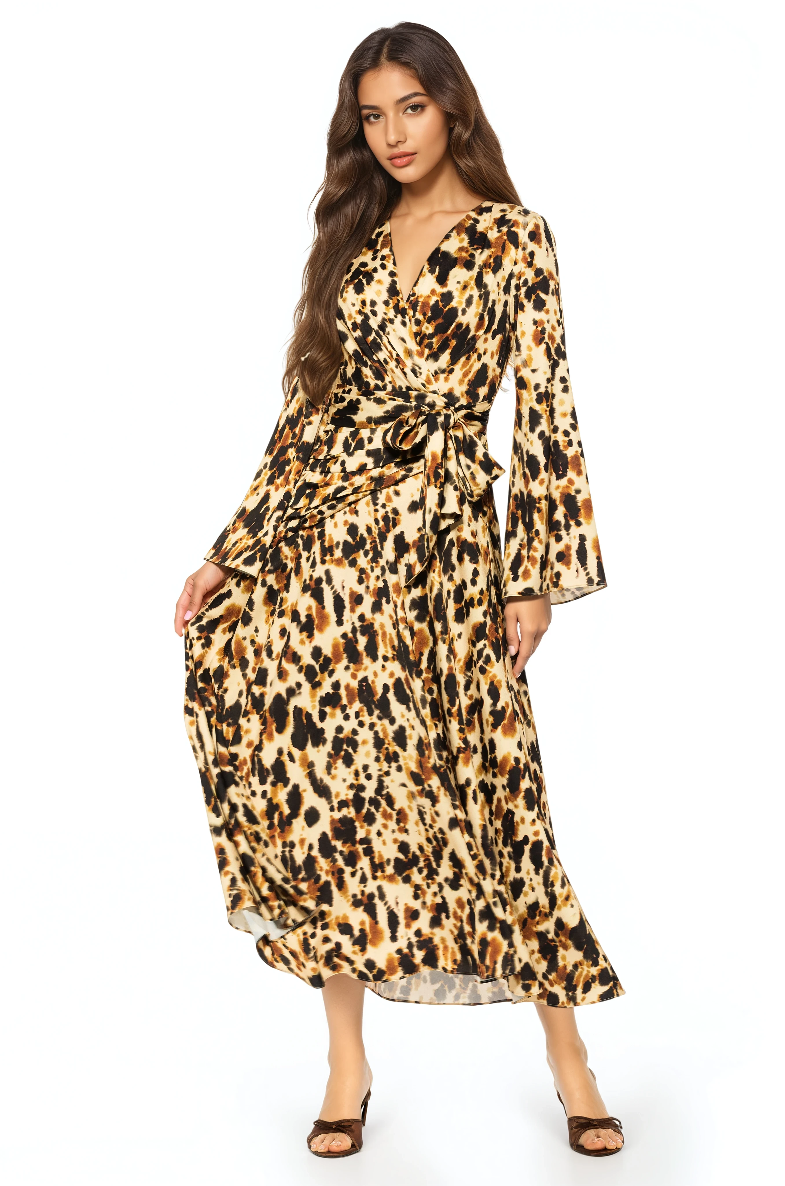 Front view abstract leopard print maxi wrap dress, v-neck and flared sleeves.