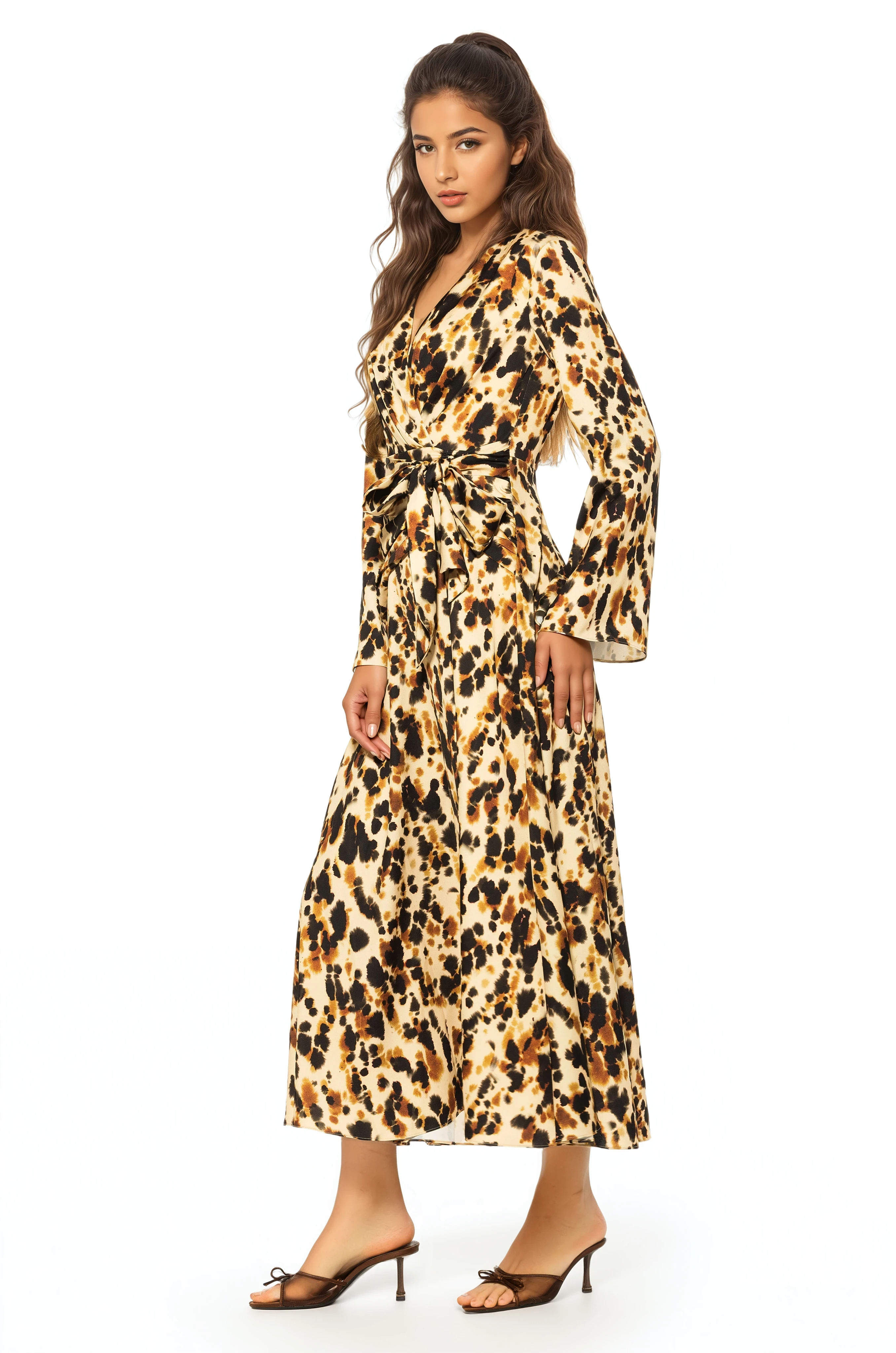 Side view abstract leopard print maxi wrap dress, v-neck and flared sleeves.