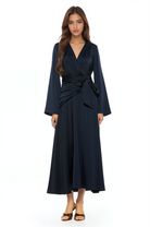 Front view navy maxi wrap dress, v-neck and flared sleeves.