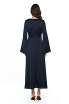 Back view navy maxi wrap dress, v-neck and flared sleeves.