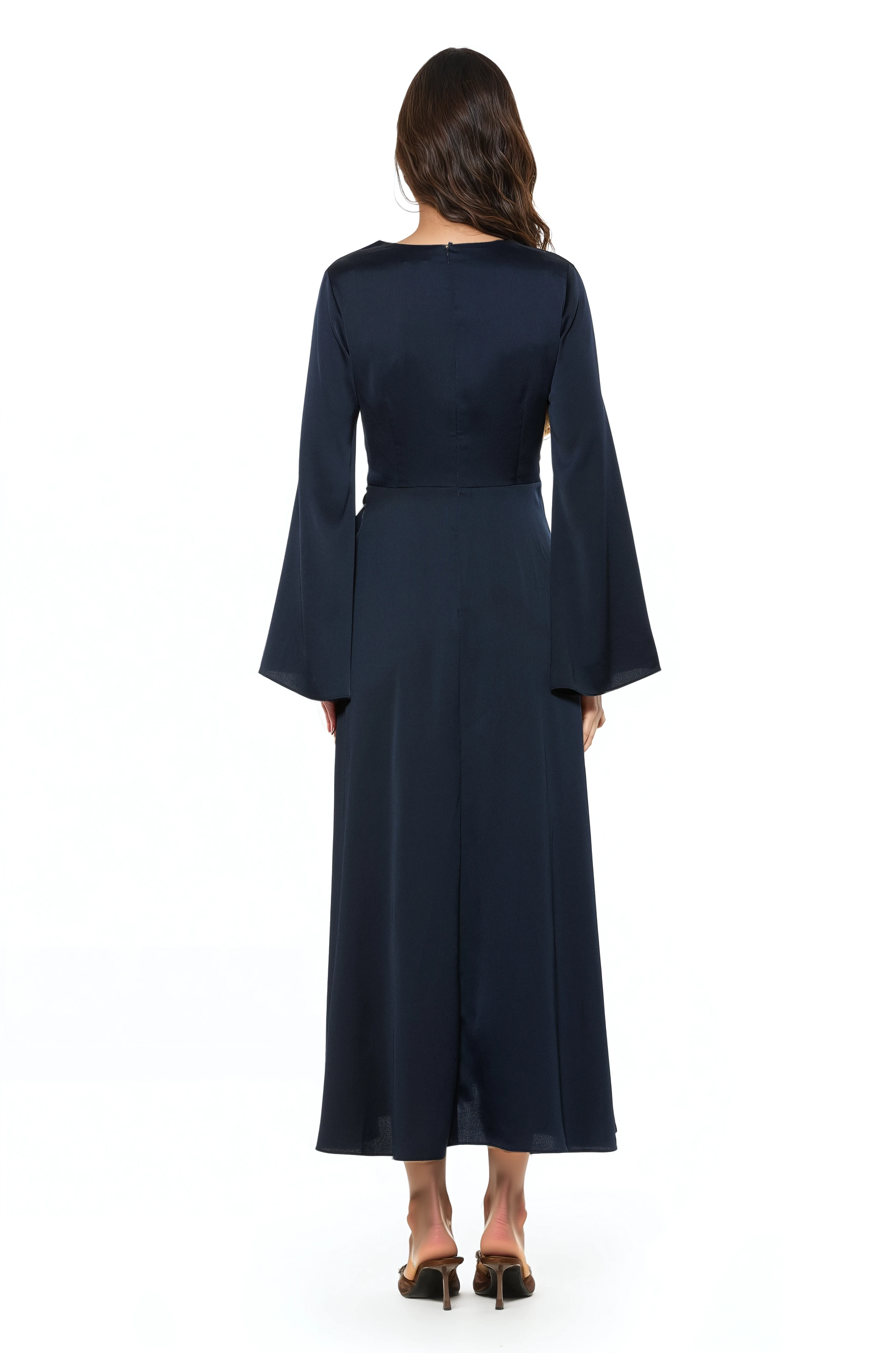 Back view navy maxi wrap dress, v-neck and flared sleeves.