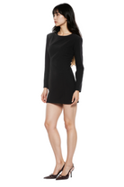 Long sleeve fitted mini dress in black with structured shoulders and adjustable back.