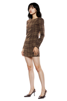 Long sleeve fitted mini dress in brown plaid with structured shoulders and adjustable back.