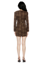 Long sleeve fitted mini dress in brown plaid with structured shoulders and adjustable back.