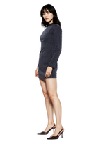 Quinn long sleeve fitted mini dress in navy pinstripe with structured shoulders and adjustable back.