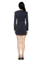 Quinn long sleeve fitted mini dress in navy pinstripe with structured shoulders and adjustable back.