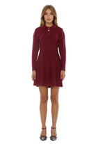 Front view burgundy fit and flare mini dress, knit, long sleeve collar neckline with gold buttons.