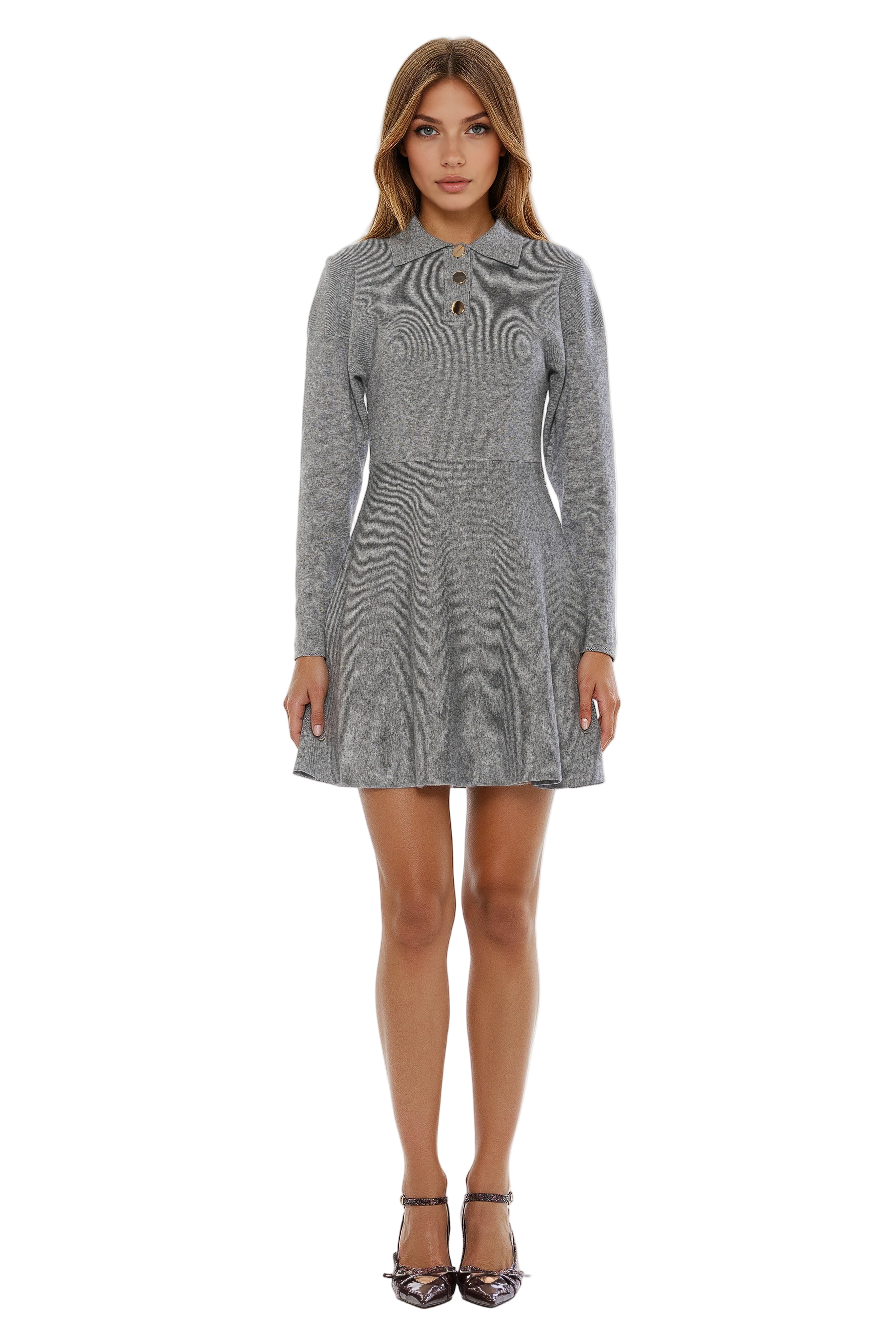 Front view heather grey fit and flare mini dress, knit, long sleeve collar neckline with gold buttons.
