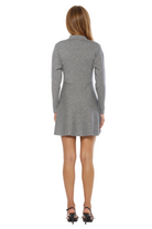 Back view heather grey fit and flare mini dress, knit, long sleeve.