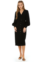 Front view black midi dress with v-neck, button front, blouson sleeves with button cuffs.