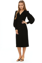 Front view black midi dress with v-neck, button front, blouson sleeves with button cuffs.