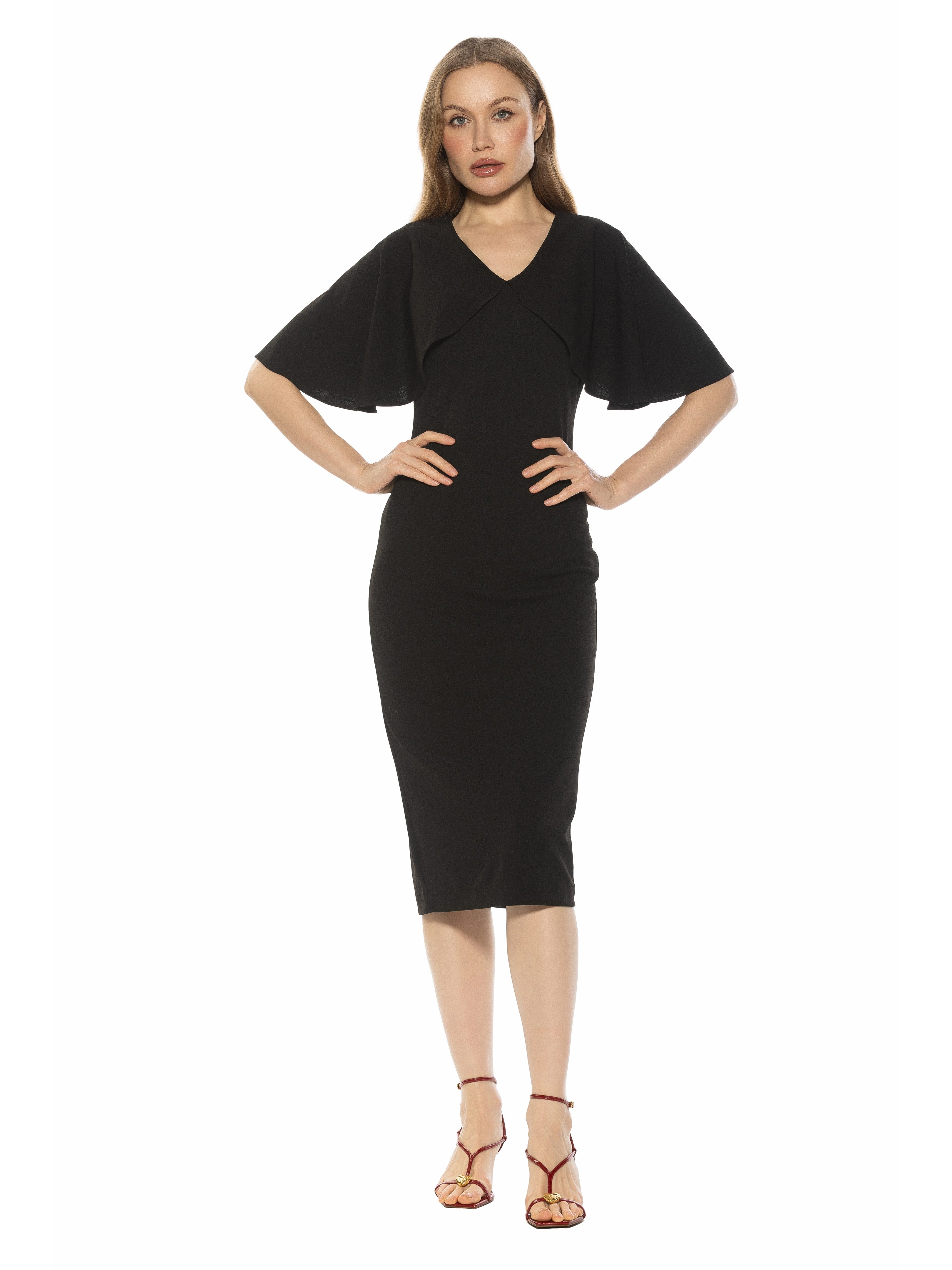 Novi V Neck Draped Sleeve Midi Dress