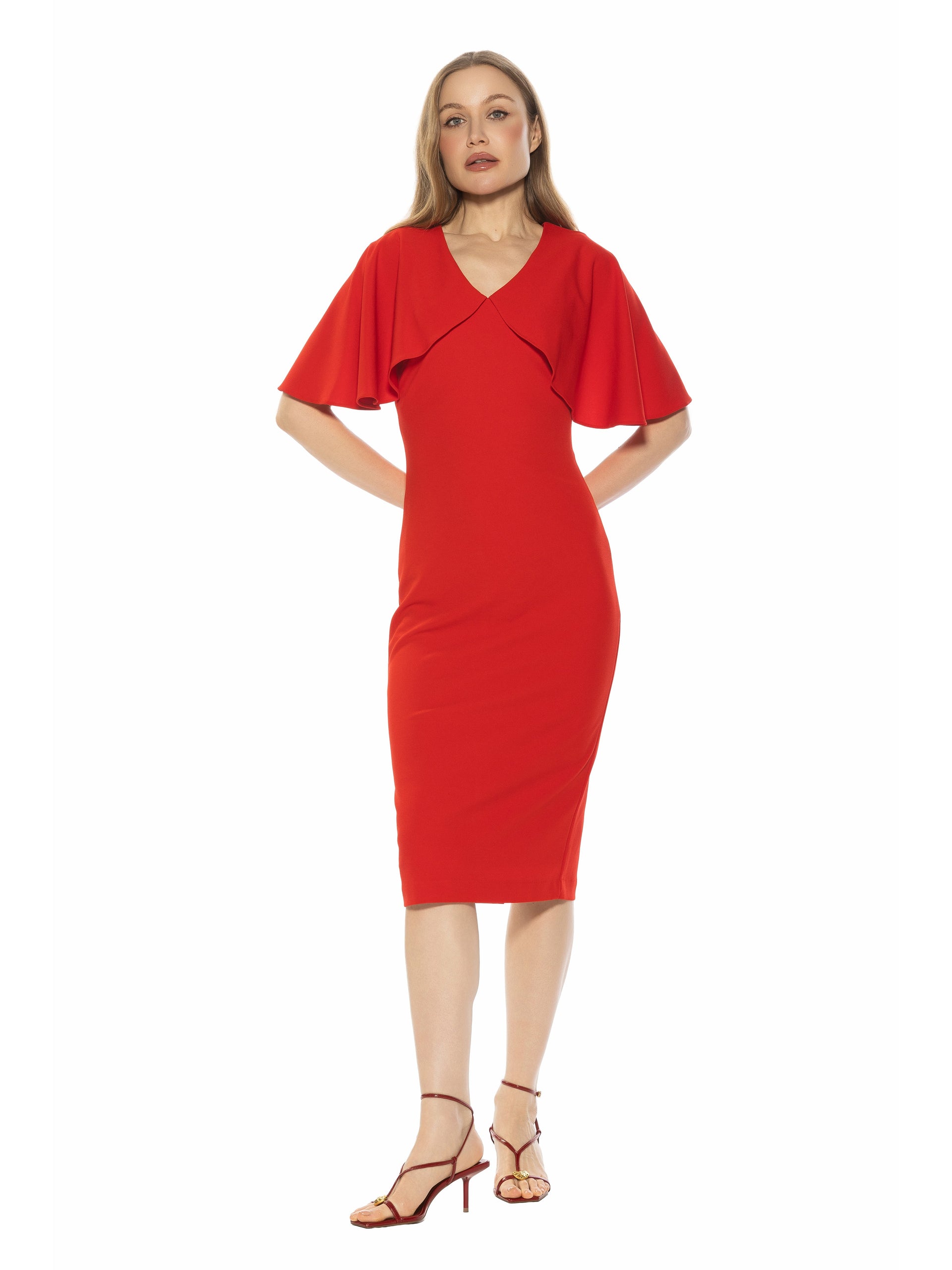 Alexia Admor Women's Novi V Neck Draped Sleeve Midi Dress, Red, XS