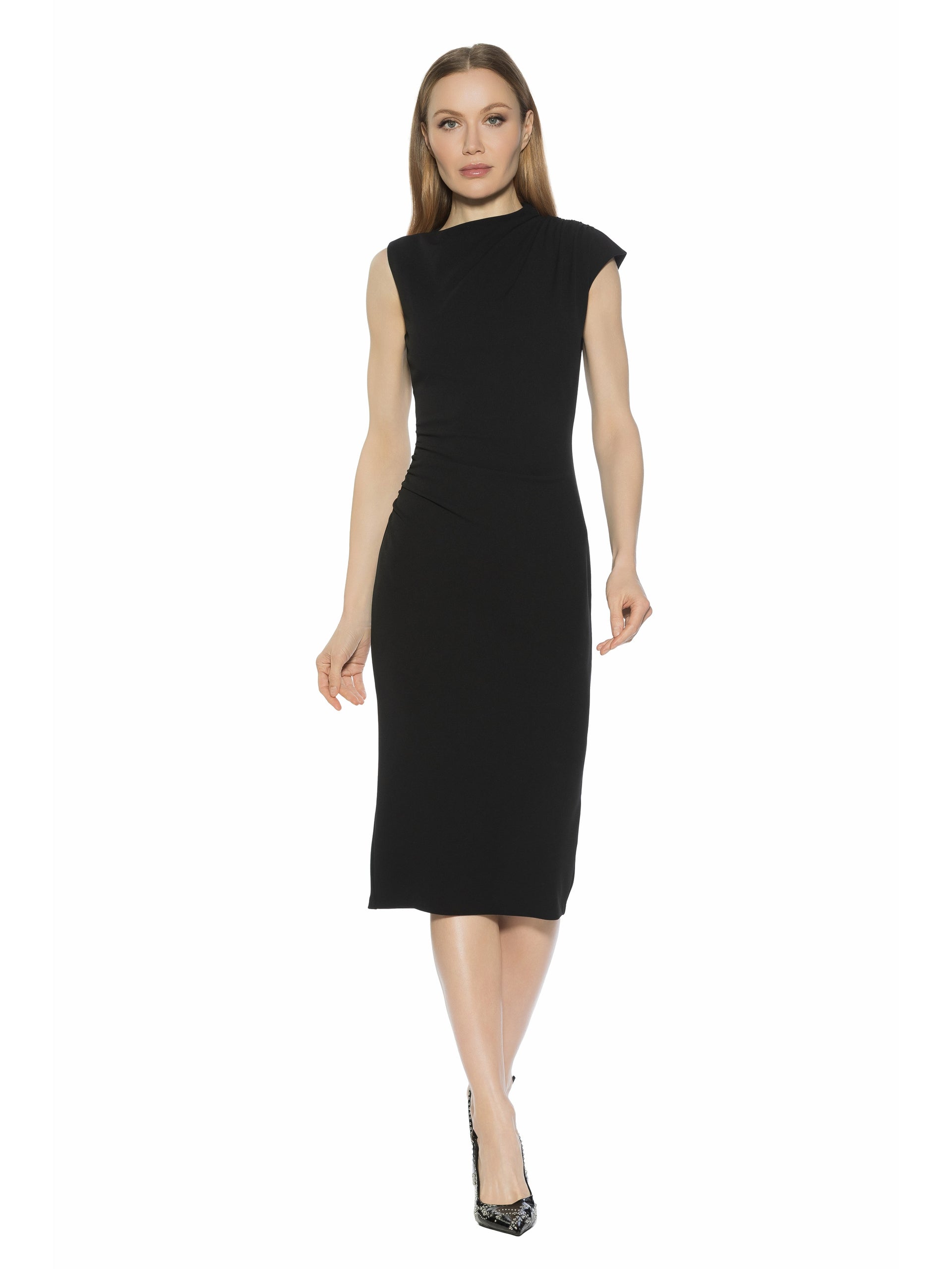 sheath midi dress Alexia Admor Women's Vaila Draped Neck Dress, Blue, Large Brochu Walker Havana Dress Crew neck green velvet loafers men Width:Extra Wide