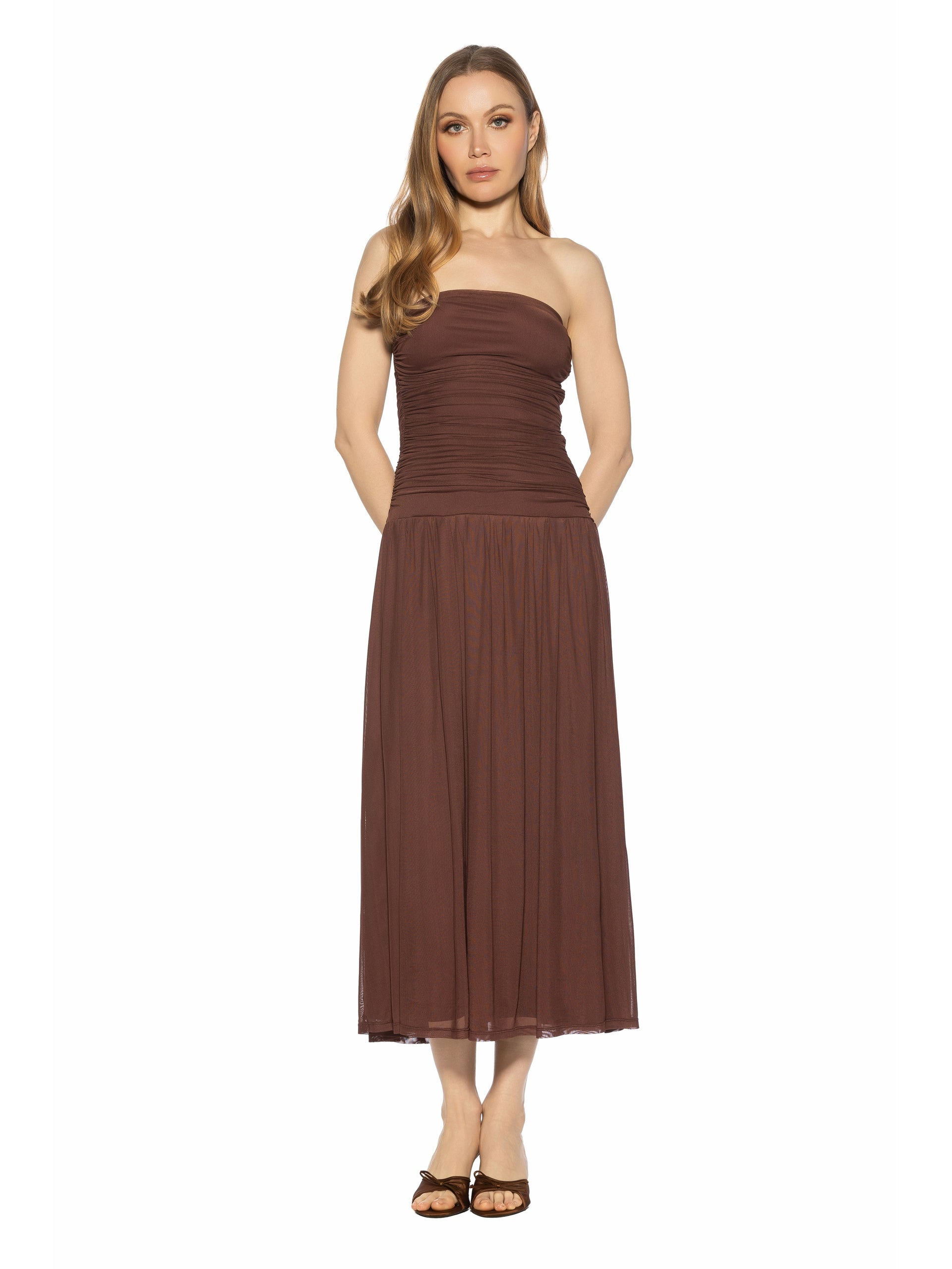 ruched mesh midi dress Katie - Rust + Chestnut Rust + Chestnut flawless fits ASTR Ruched Mesh Midi Dress