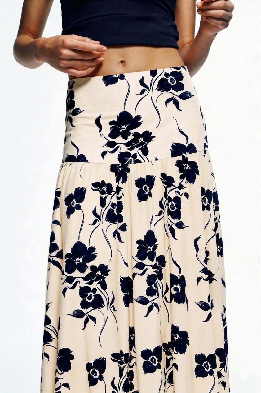 Ivory drop waist midi skirt with navy floral print