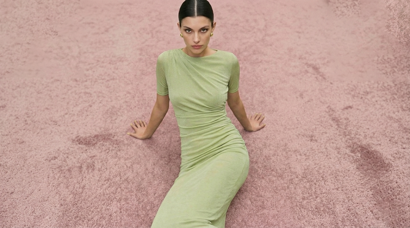 Apple green fitted midi dress with side rushing detail