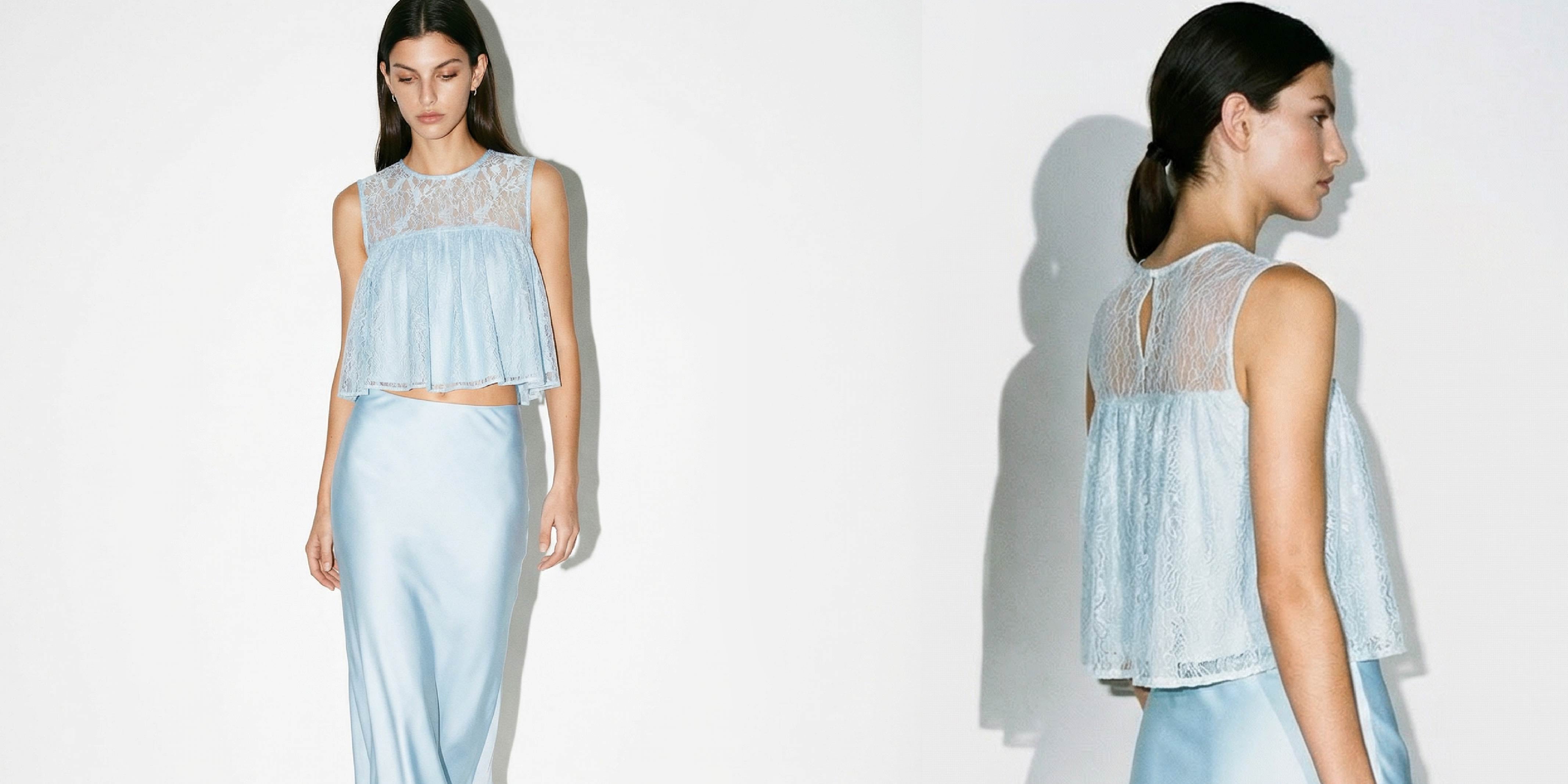 powder blue satin skirt and powder blue lace top