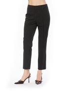 Front view black pinstripe slim fit pant no pockets, no fly.