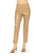 Front view beige vegan leather trouser pant, ankle length, flat front.