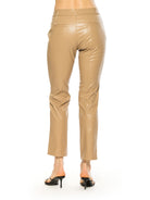 Back view beige vegan leather trouser pant, ankle length, flat front, back welt pockets.
