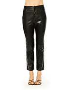 Front view black vegan leather trouser pant, ankle length, flat front.