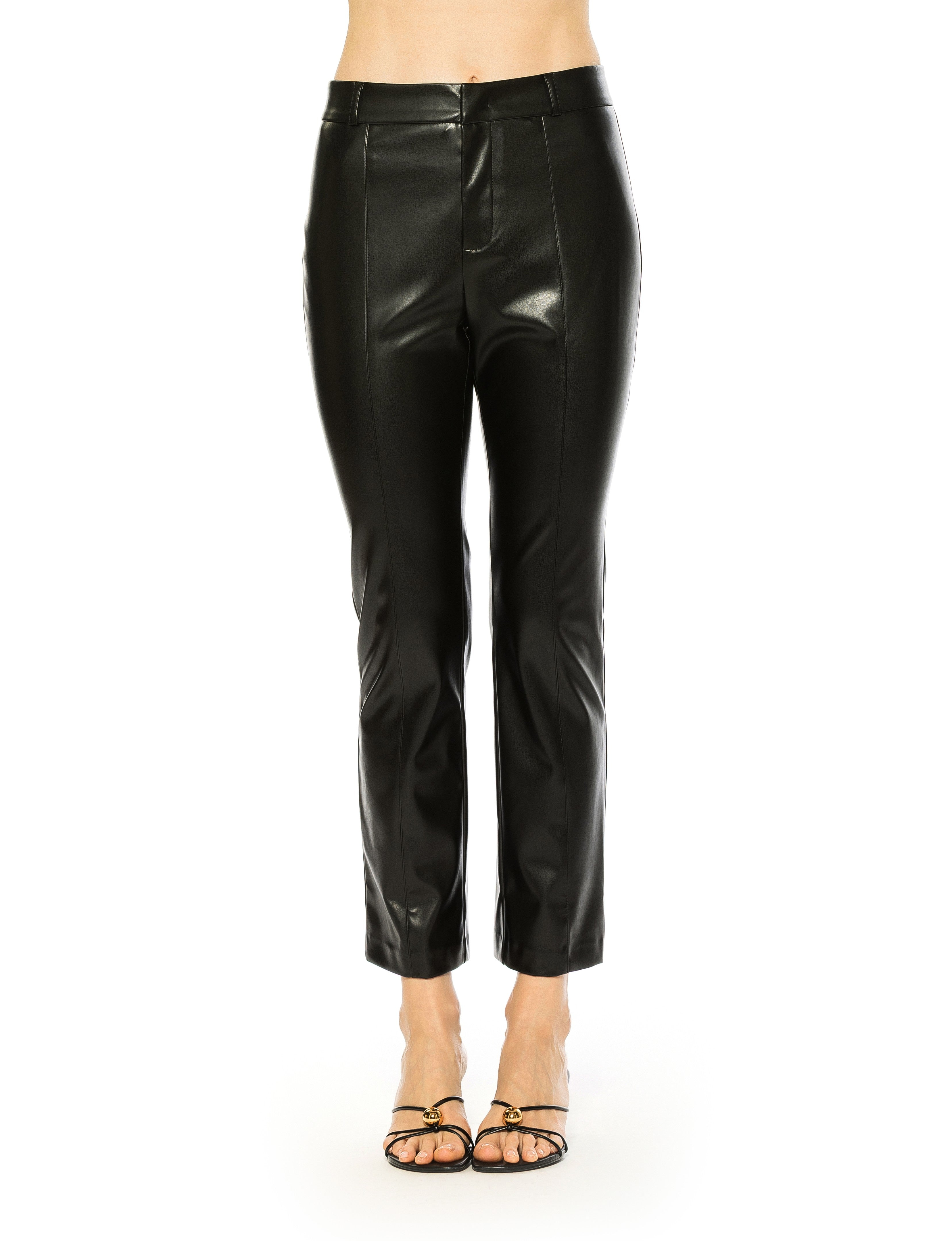 Front view black vegan leather trouser pant, ankle length, flat front.