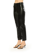 Side view black vegan leather trouser pant, ankle length, flat front.