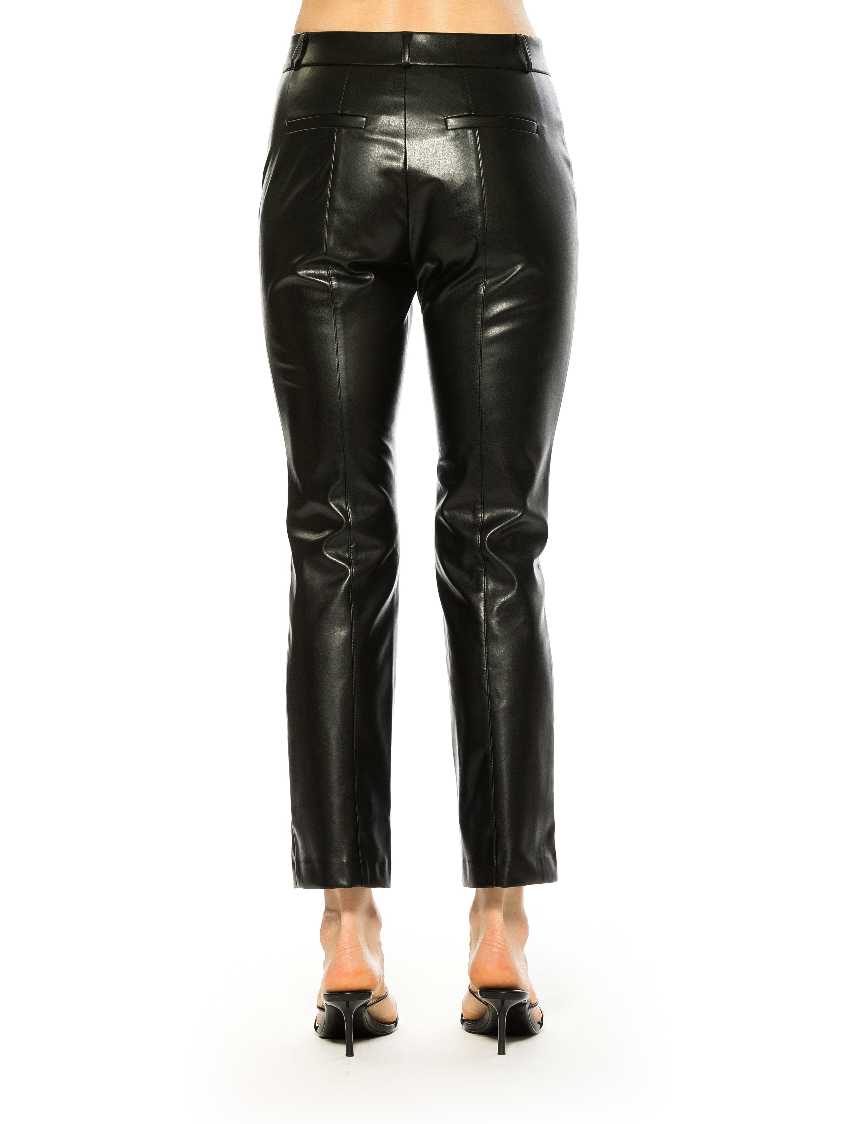 Back view black vegan leather trouser pant, ankle length, flat front, back welt pockets.
