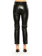 Back view black vegan leather trouser pant, ankle length, flat front, back welt pockets.