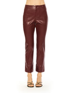 Front view burgundy vegan leather trouser pant, ankle length, flat front.