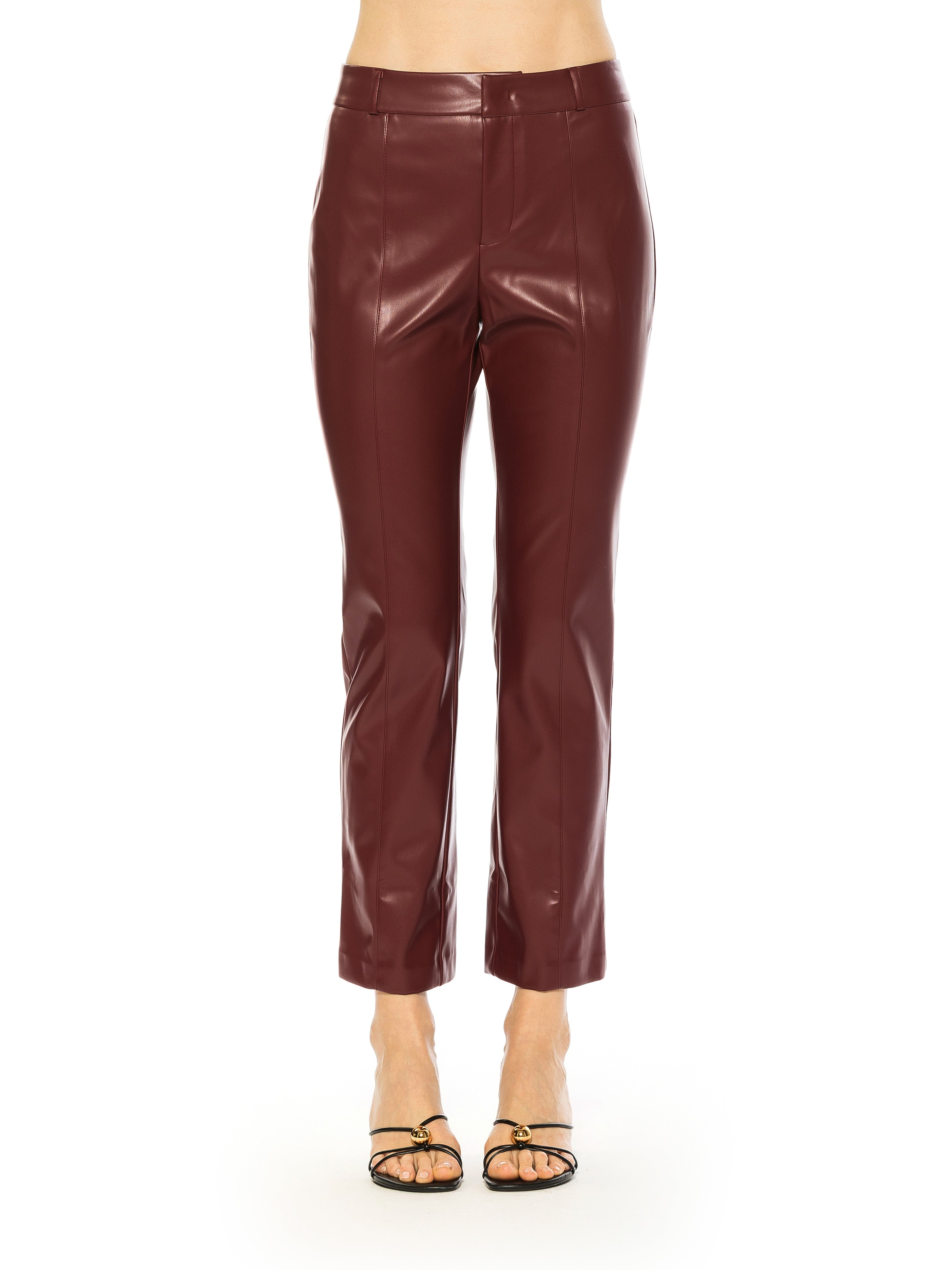 Front view burgundy vegan leather trouser pant, ankle length, flat front.